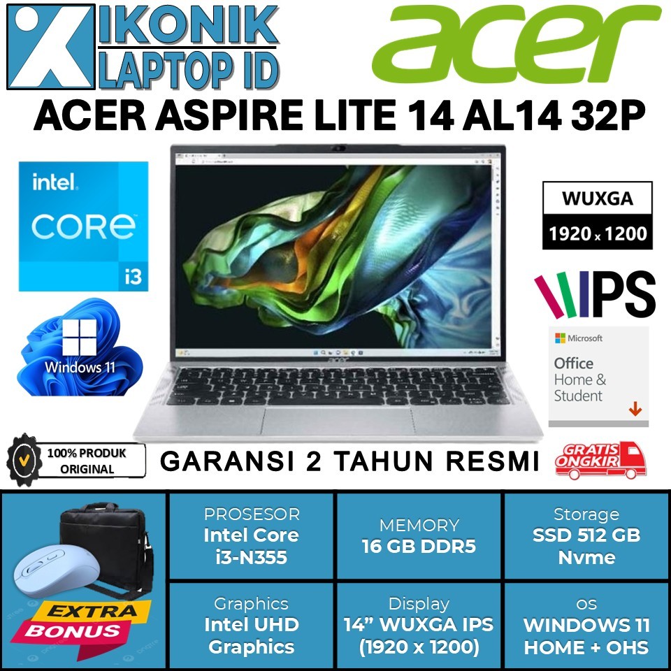 Laptop Sekolah Terbaru Acer Aspire Lite 14 Intel Core i3 N355 Ram 16GB DDR5 512GB Ssd 14.0 2.2k IPS