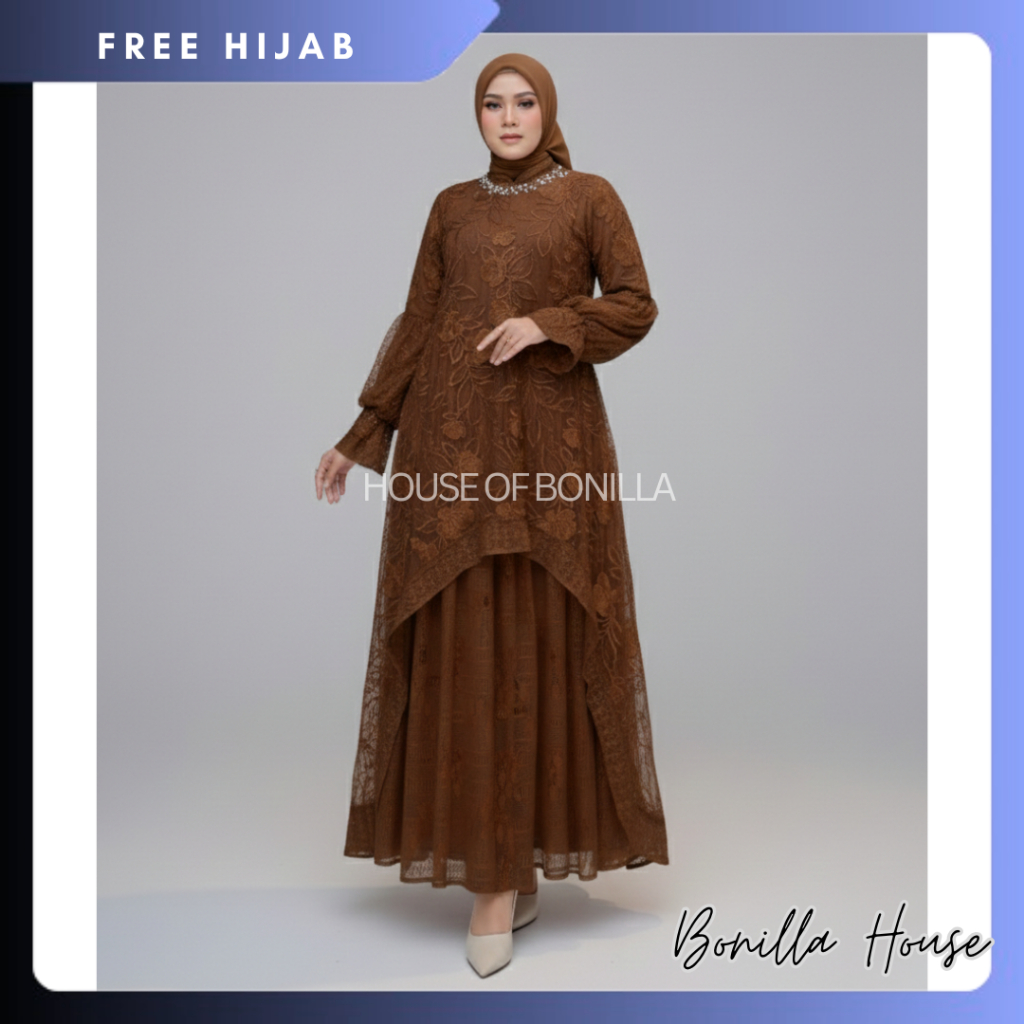 Setelan Gamis Maxi Dress LUMINA Bahan Tulle Mix Brokat / Setelan Setelan Baju Kurung Melayu Baju Gam