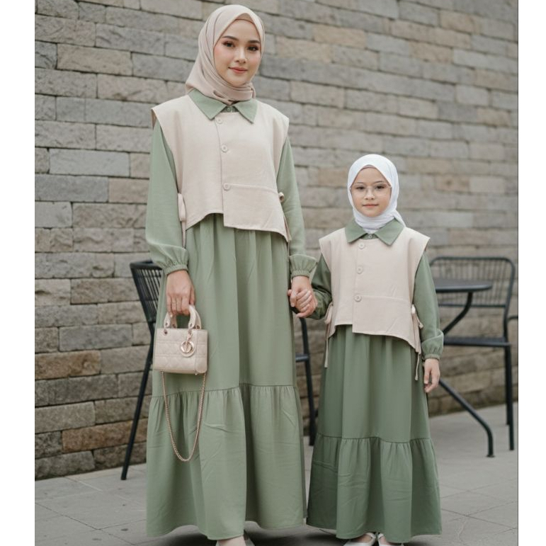 Gamis Couple Mom & Kids Ayudia Vest Baju Muslim Rompi Wanita Dan Anak Anak Model Terbaru Rayon Twill