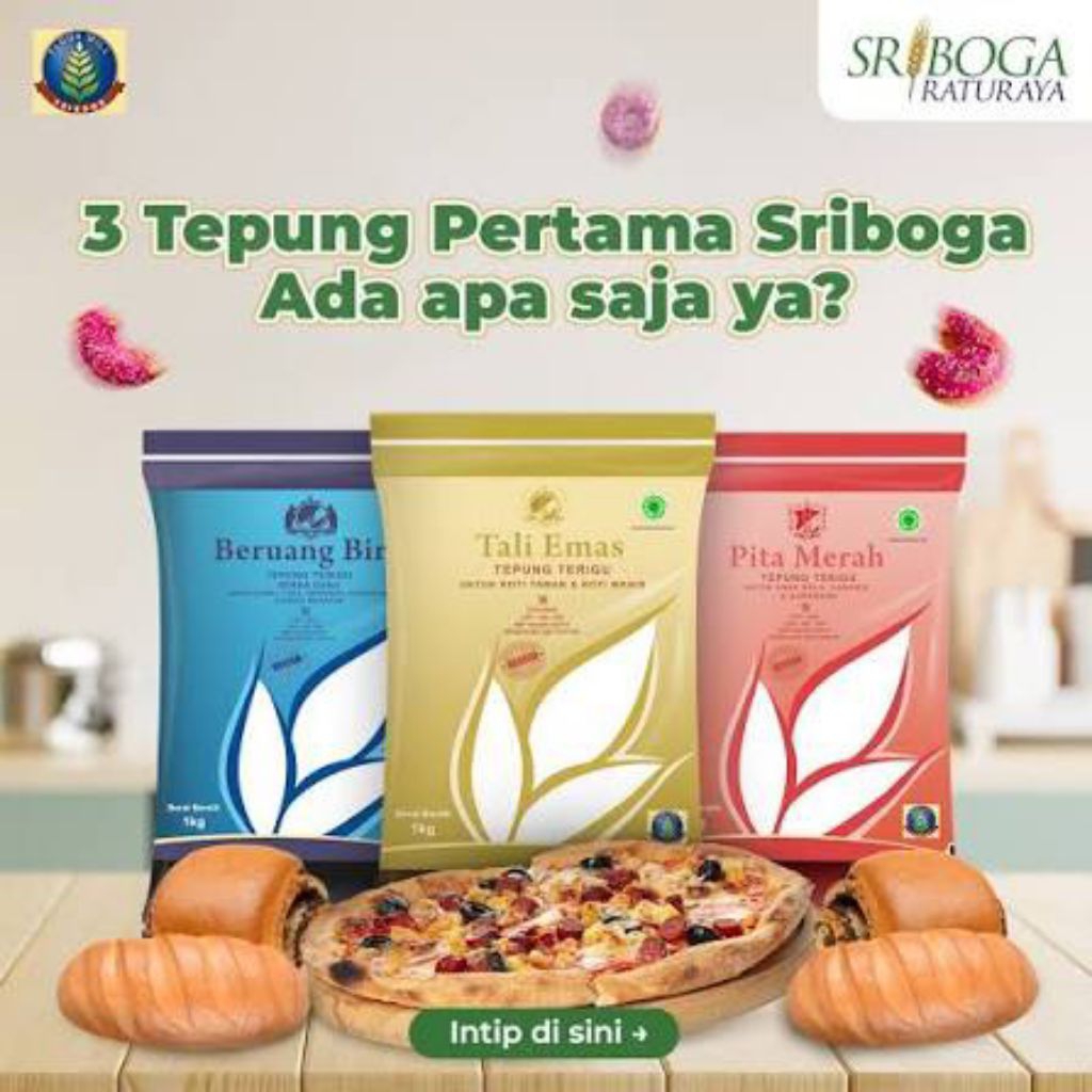 [B3G1] Tepung Terigu Sriboga 1kg Pita Merah Tali Emas Beruang Biru Pita Merah Stupa Hijau