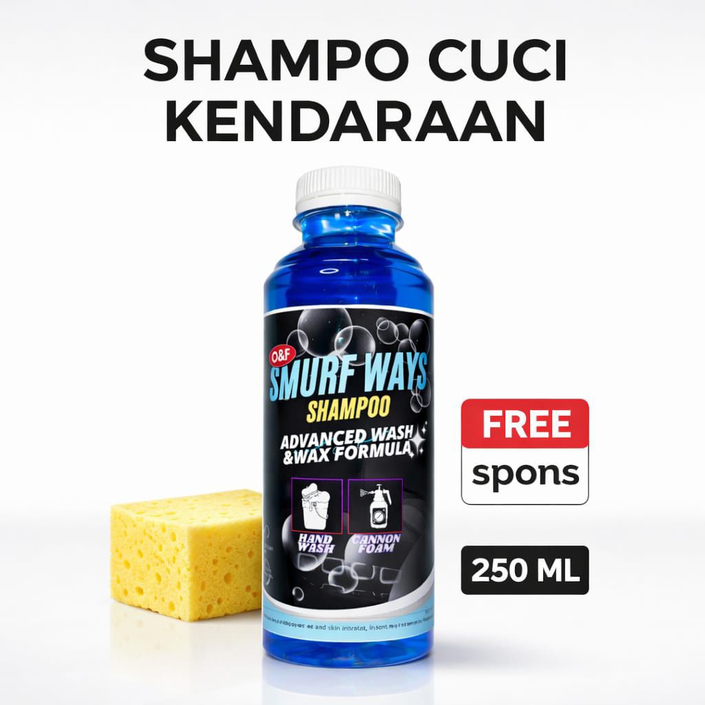 O&F SMURF WASH SHAMPO ADVANCED WASH &WAX FORMULA KEMASAN 250ML Bubble Gum Aplikator Spons Cuci