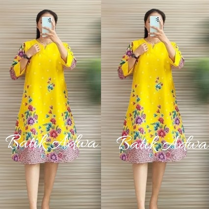 Dress A line Bunga Teratai Code 294 - Dress Batik Adwa Lapis Furing - Simpel Cantik dan Elegan Terda