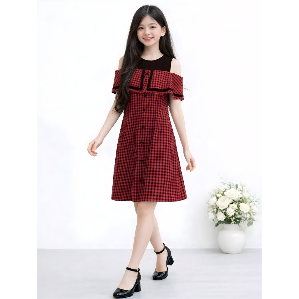 Dress Sabrina Anak Remaja Tanggung Motif Kotak Kotak Usia 12-19 Tahun Baju Anak Kasual Jalan Hn