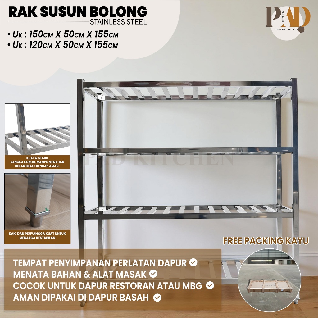 Rak Dapur Stainless Steel 4 Susun  Include Packing Kayu - Rak Piring & Panci Restoran Serbaguna Sert