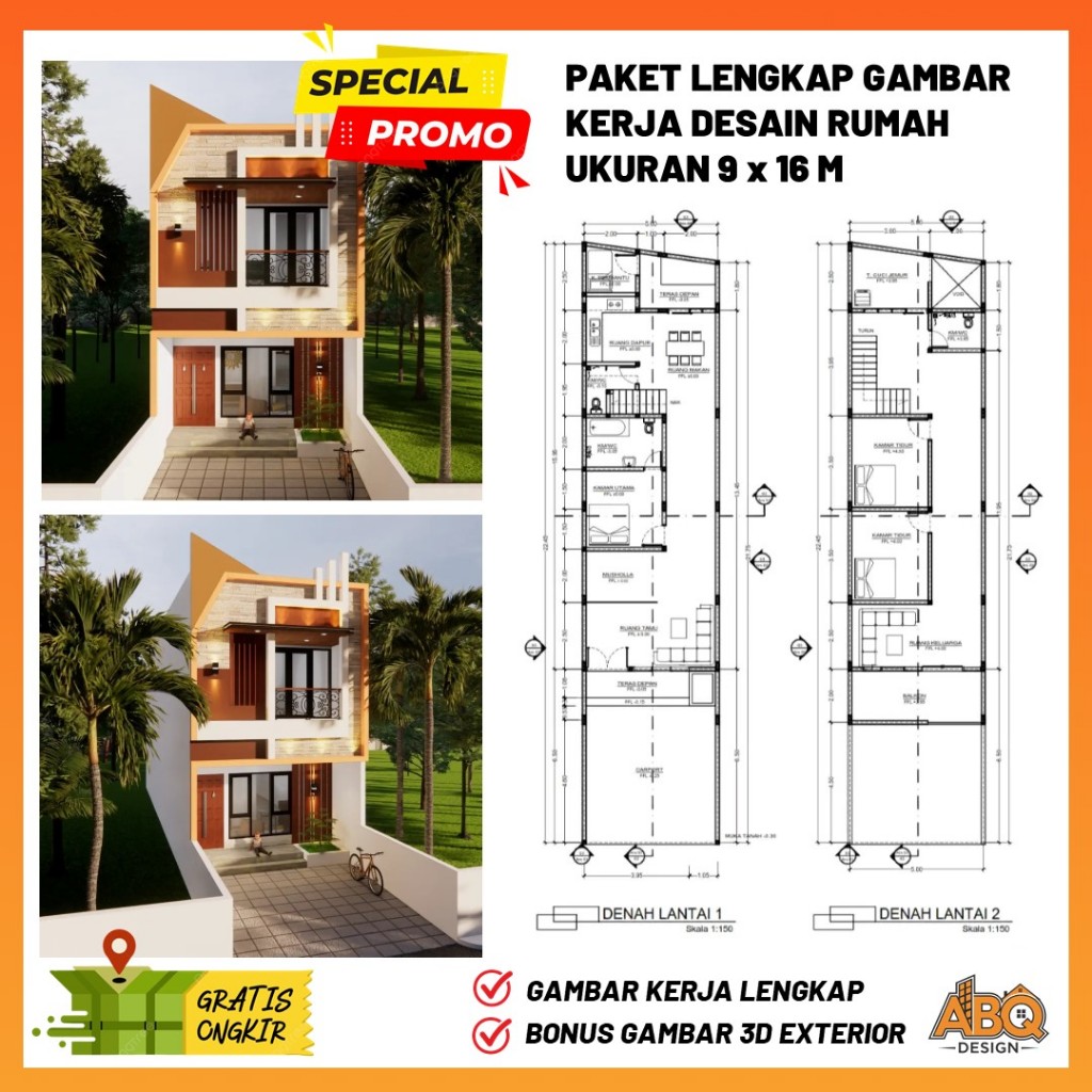 Gambar Kerja Desain Rumah 2 Lantai Ukuran 5 x 22 Meter