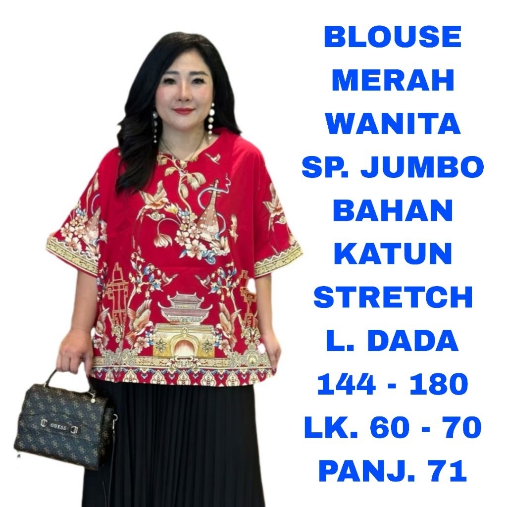 WK BLOUSE MERAH WANITA SUPER JUMBO LD. 140 LD. 150 LD. 160 LD. 170 LD. 180 BAJU ATASAN IMLEK SINCIA 