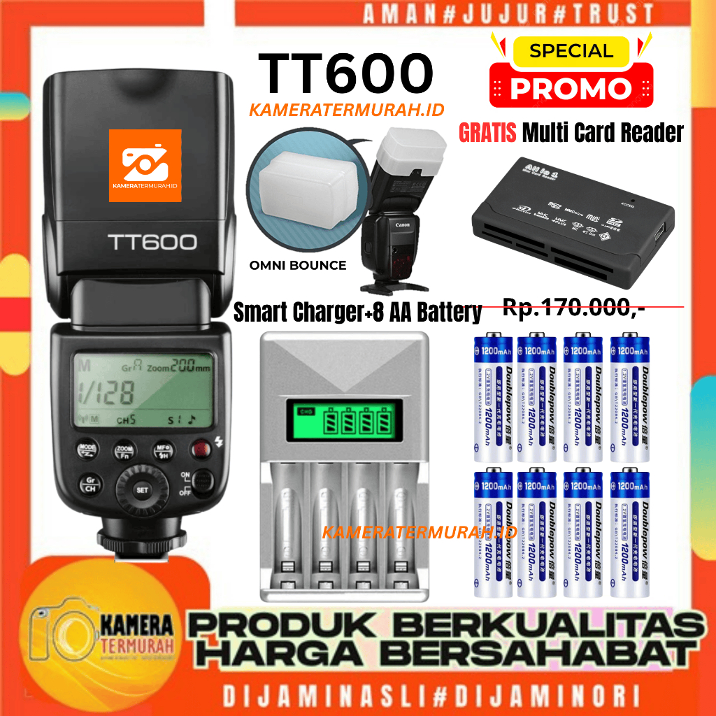 PAKET Lampu Flash Eksternal Godox TT600 TT 600 Kamera Canon Fujifilm Olympus Pentax Nikon