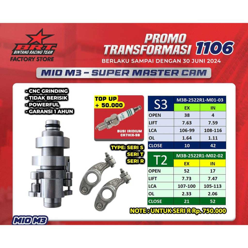 Camshaft Noken As Mio M3 - Fino 125 - Fino GT 125 Tipe S3 T2  R4 R5 R6 R8 R9 Master Cam + Pelatuk No