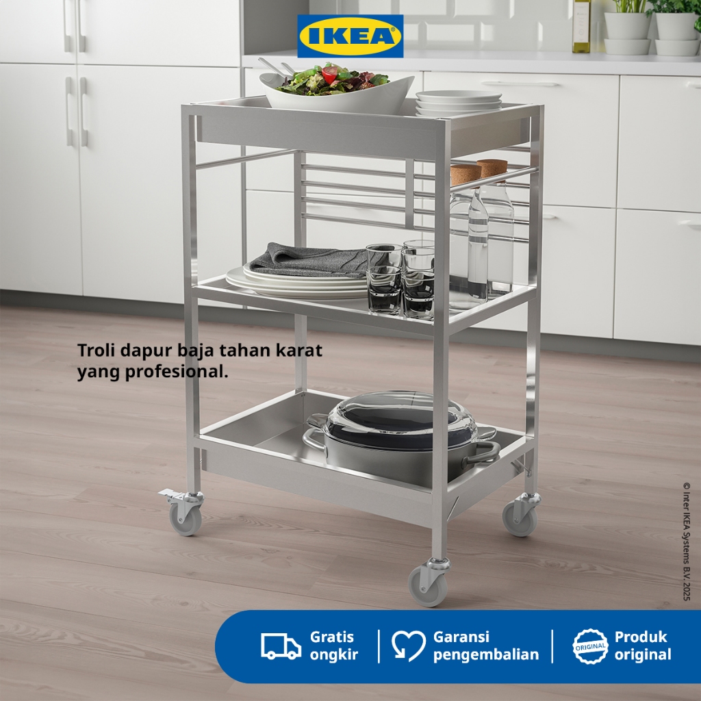 IKEA KUNGSFORS Troli Dapur dengan 3 Rak Bahan Baja Tahan Karat 60x40 cm