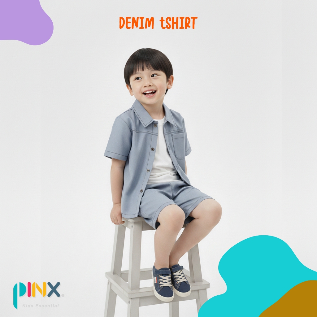 Pinxkids - Setelan Kemeja Denim Anak Lengan pendek Denim Shirt 1-8 tahun