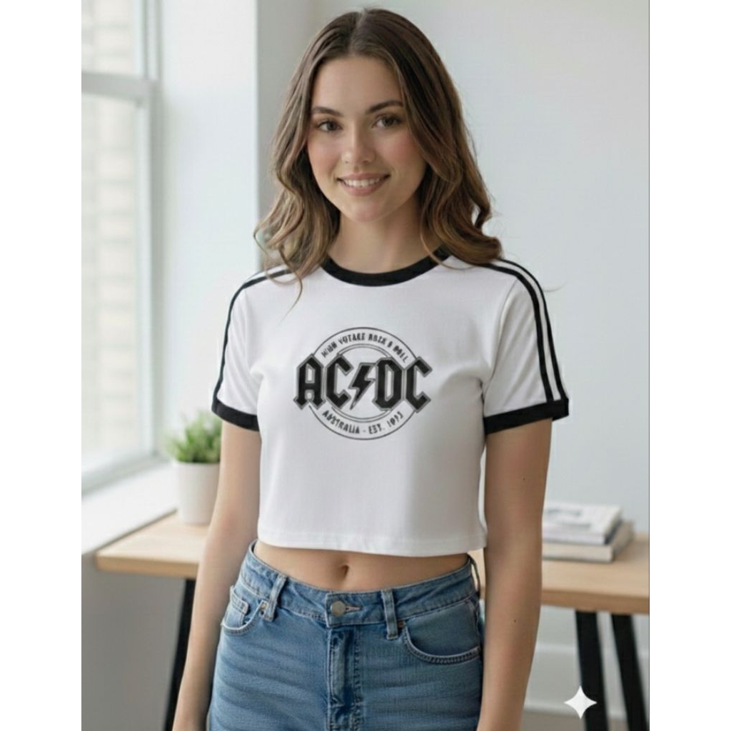AC - Baju Crop top wanita - T-shirt Crop Top Lengan Pendek cewek - atasan Crop top - kaos crop Strip