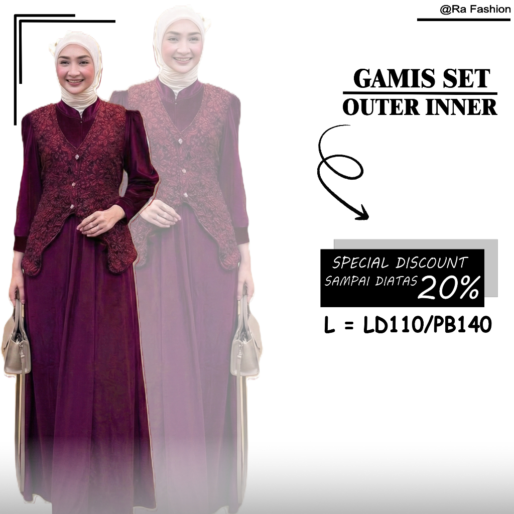 Gamis Wanita Modern Set Outer Merah Maroon Motif Floral Mewah Ukuran LD110 PB140 Dress Muslimah