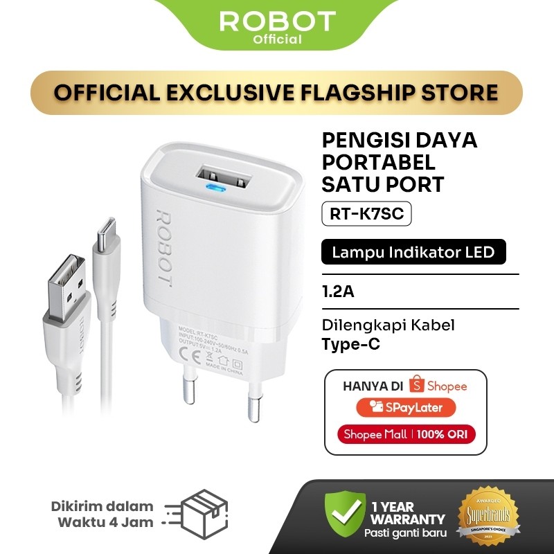 ROBOT Adaptor Kepala Charger iPhone & Samsung Type C Universal 5W with Kabel Type C Lampu LED RT-K7SC Original – Garansi 1 Tahun