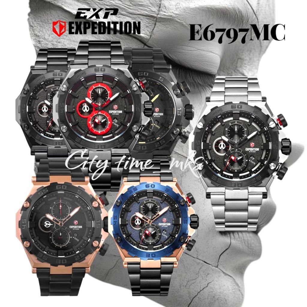 Jam tangan pria EXPEDITION 6797, E6797, Sport chronograph, all stainless steel, ORIGINAL, bergaransi