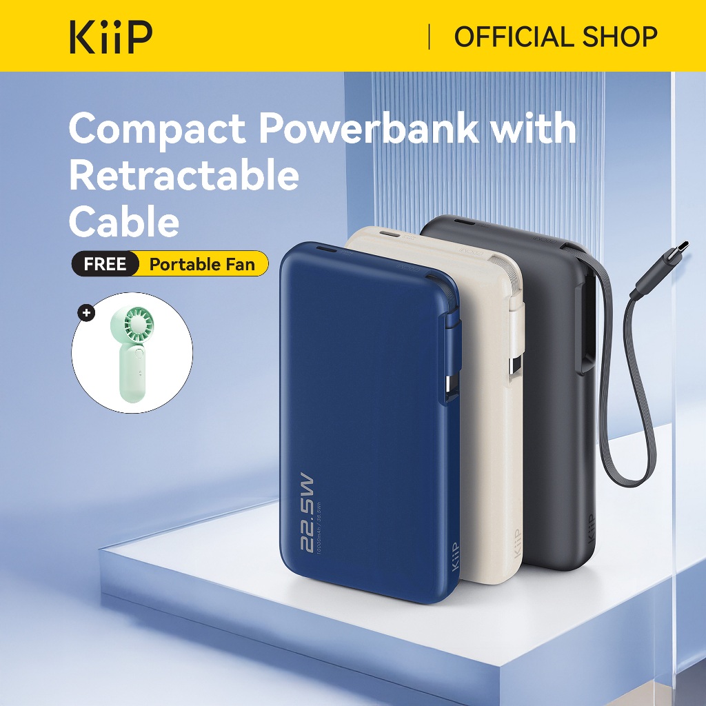 KiiP E60 Powerbank Retractable Cable 22.5W 10000mah Fast Charging Power Bank  Type-C