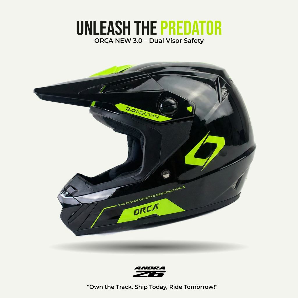 Helm ORCA NEW 3.0 Nectar Black FLOU Original - Helm Trail Cross Dual Visor SNI DOT