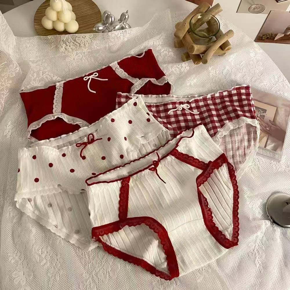 Miss Isi 5pcs CD Celana Dalam Katun Adem Motif Pita Lucu Navy Putih Nyerap Keringat Underware