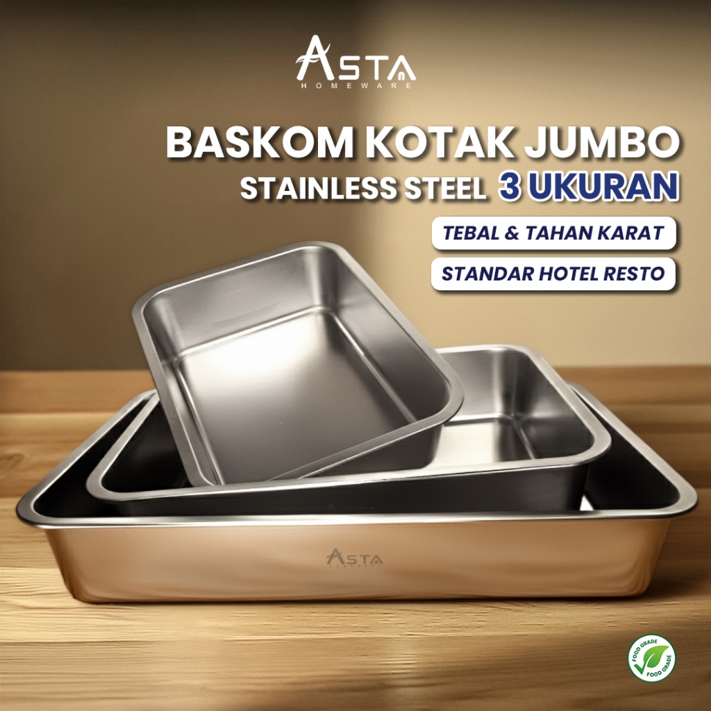 Baskom Jumbo Kotak - Stainless Steel - Resto Hotel Food Tray - Baki Besar - Premium | Asta Homeware