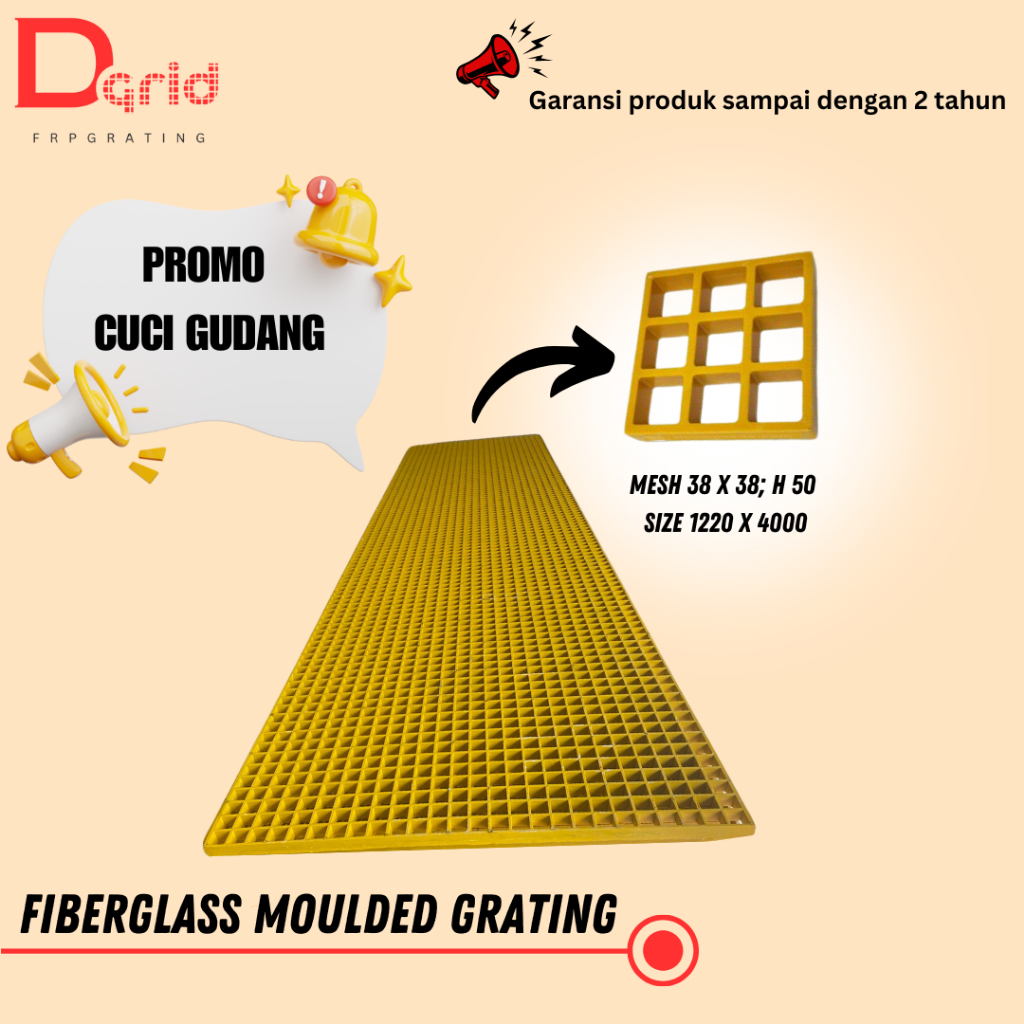DGRID – FIBERGLASS  | FRP Moulded Grating 1000x4040mm, Mesh 38x38mm, Tinggi 50mm, Tebal 9/7mm, Warna