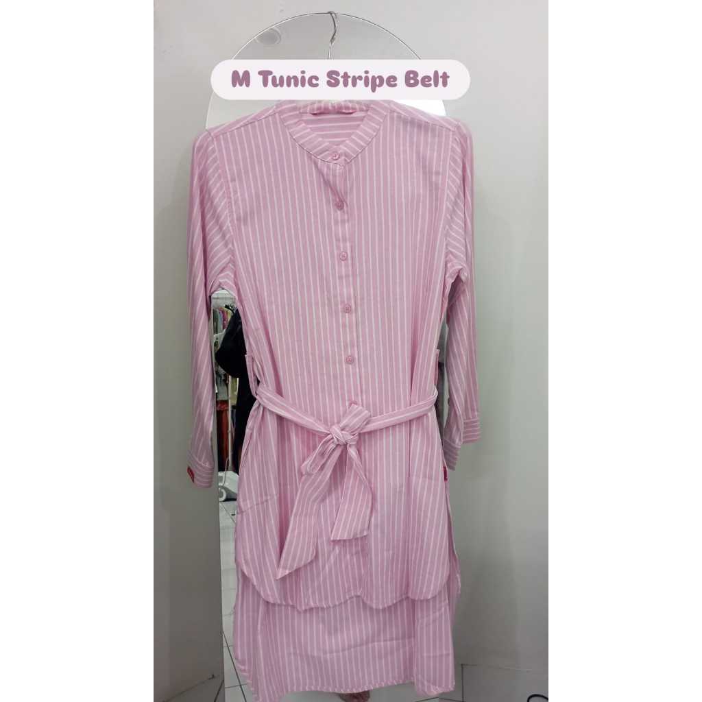 Dauky M Tunic Stripe Belt Baju Atasan Wanita katun tunik garis garis kancing depan