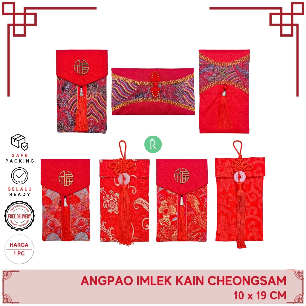 Angpao Imlek Kain Motif Bordir Cheongsam Merah Emas Premium Busa Tebal Angpau Spesial Tassel Elegan