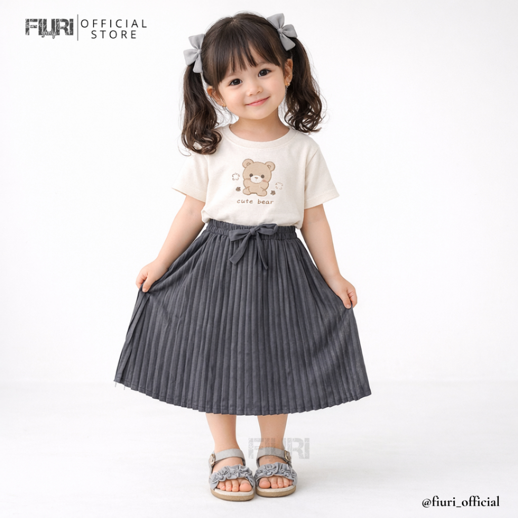 Fiuri Official - Rok Plisket Panjang Anak Perempuan TK dan SD Model Line A Polos - Nyaman Rapi Korea