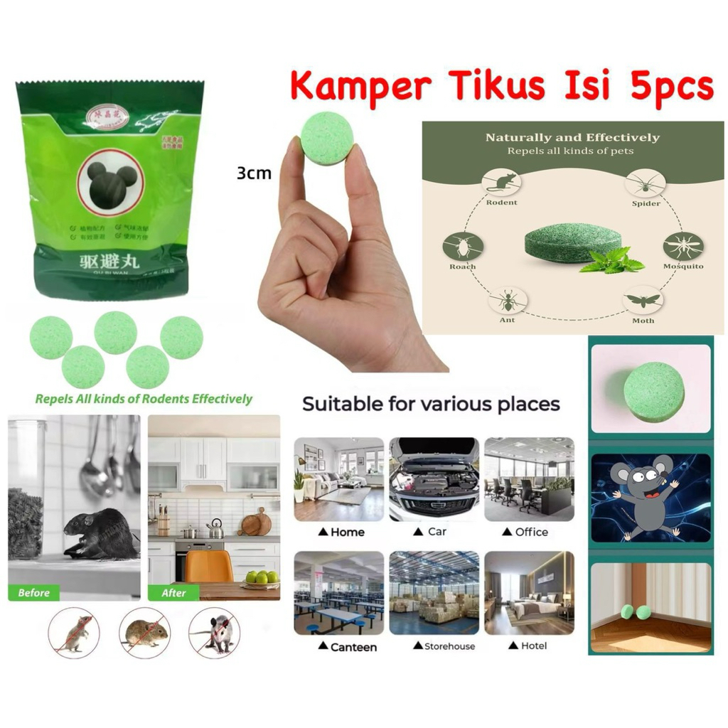 Kamper Tikus Isi 5pcs Kapur Barus Pengusir Tikus Kecoa Serangga Pil Kamper Anti Serangga Tahan Lama