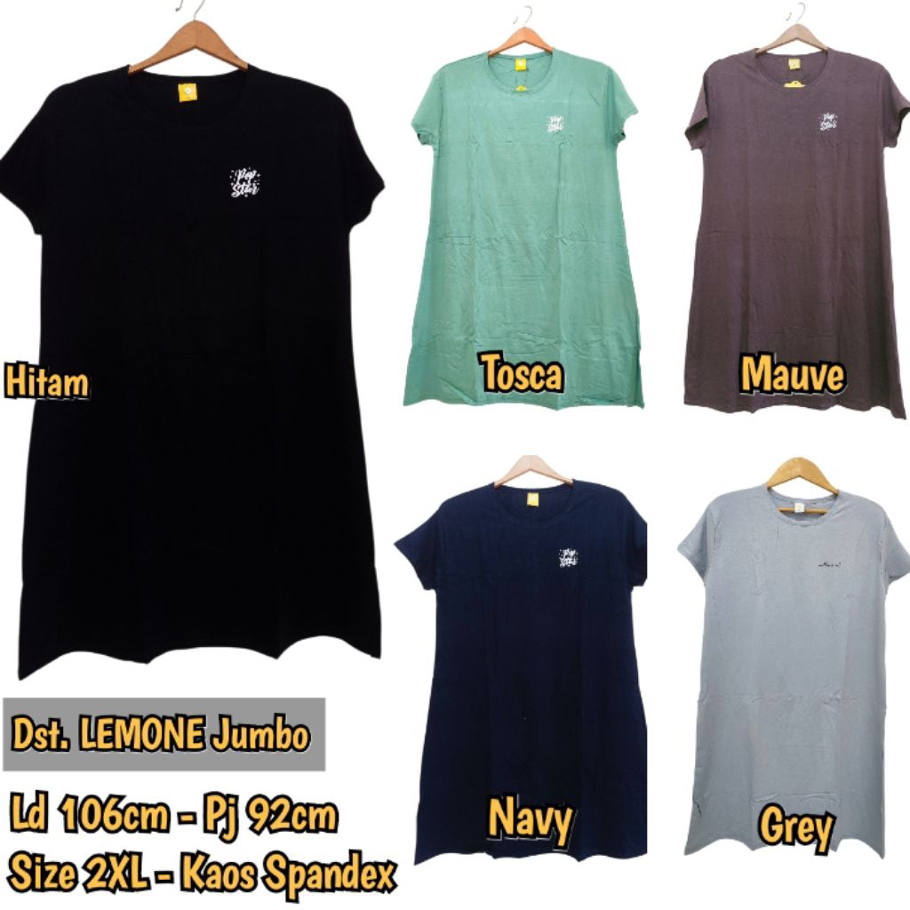 Daster Lemone Spandek Polos Jumbo Dress Wanita Casual Kaos Xxl
