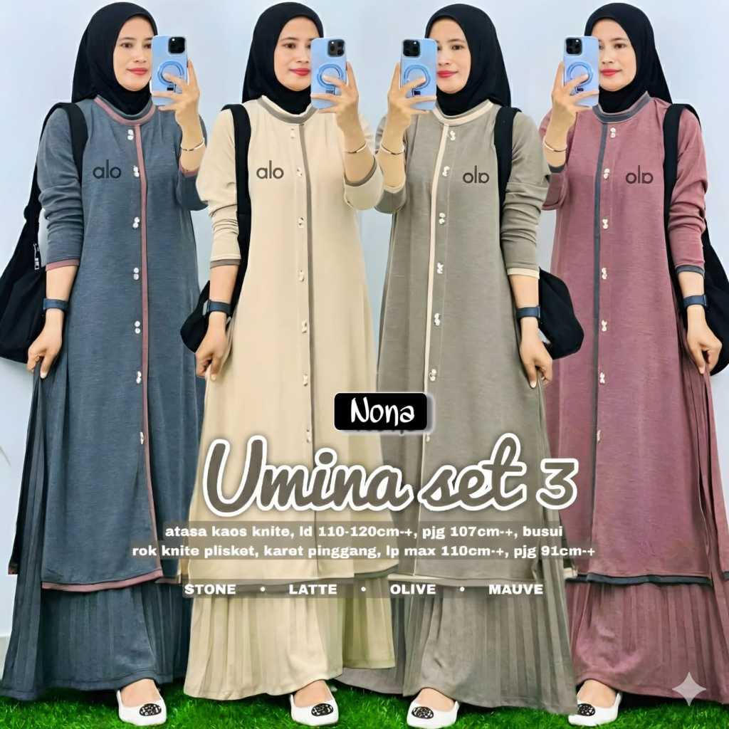 Setelan Gamis Dress Muslim Nona Umina Set 3 Original Bahan Kaos Knite Premium Import Rok Knite Plisk