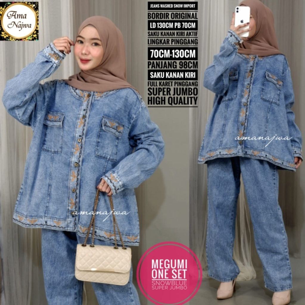ONE SET WANITA JUMBO LD 130 SETELAN JEANS BIGSIZE SETCEL LENGAN PANJANG