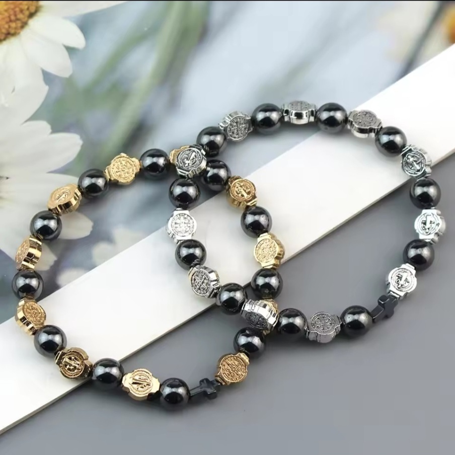 gelang salib santo benediktus batu hematite beads bracelet st benedict pria wanita ST02