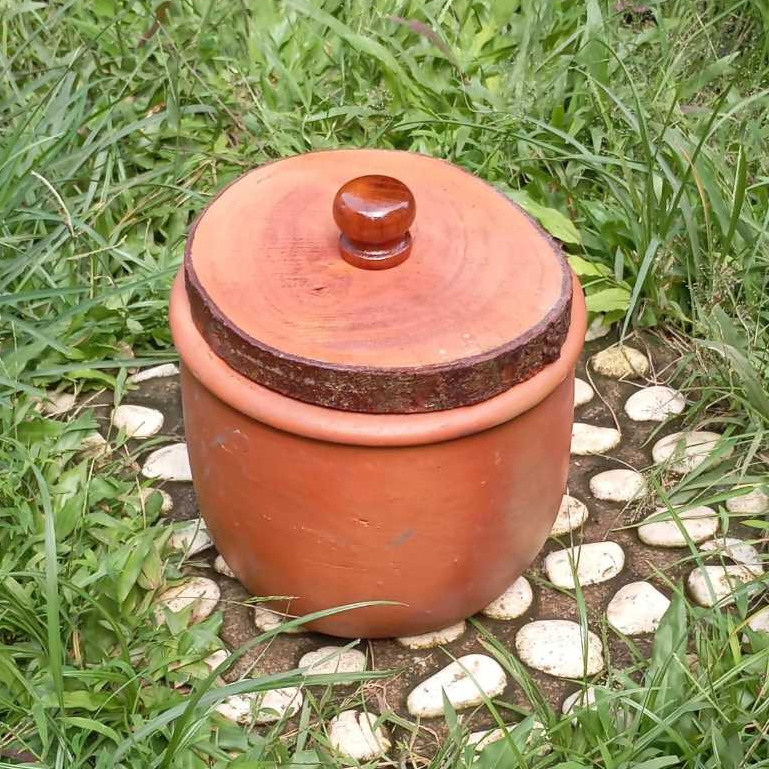 Kendil Gerabah Serbaguna15x13cm + Tutup Kayu Mahoni Multi Fungsi | Alat Masak | Kendi Tanah liat Mul