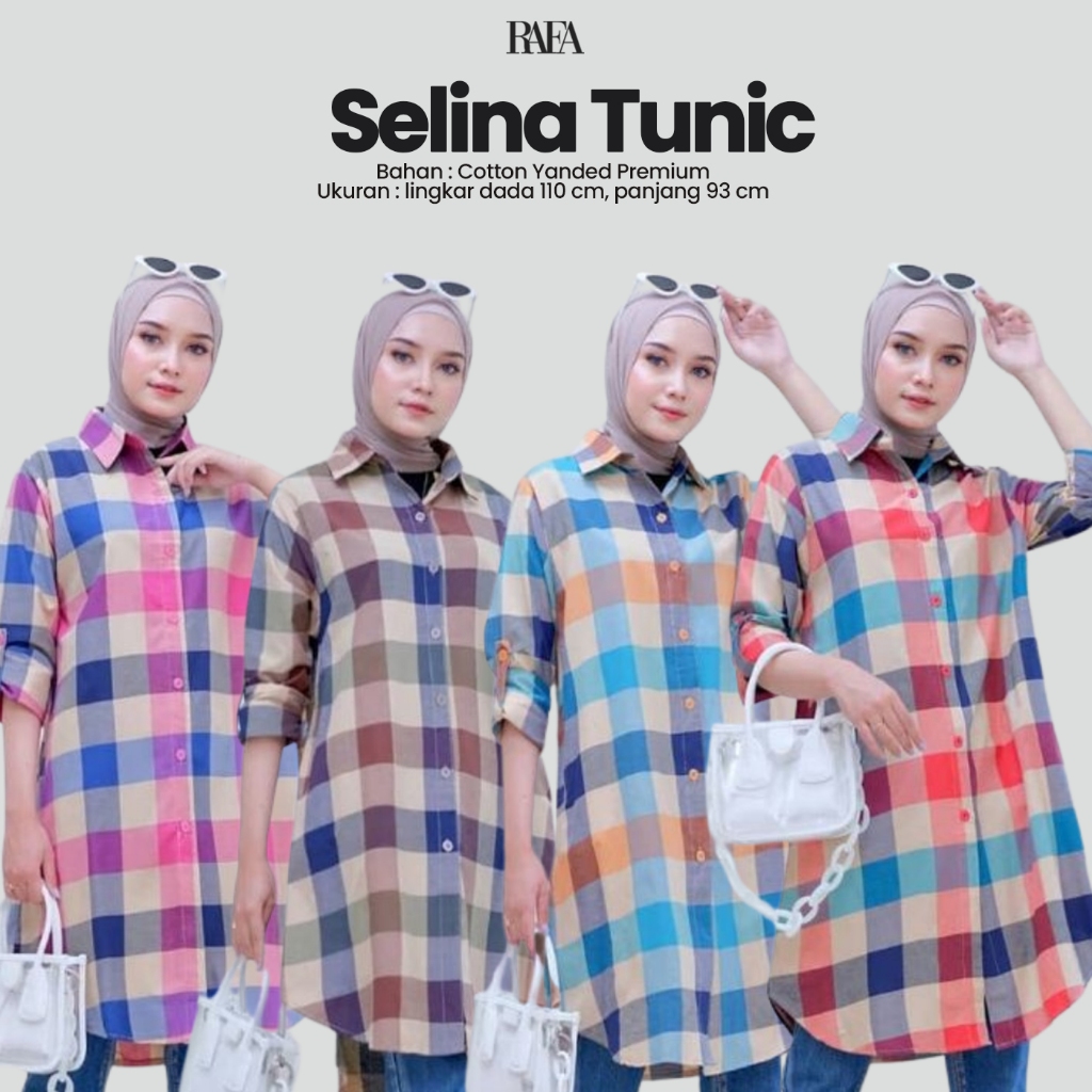 Atasan Kemeja Wanita Panjang Selina Tunic Bahan Cotton Premium LD 110 cm Motif Kotak-Kotak