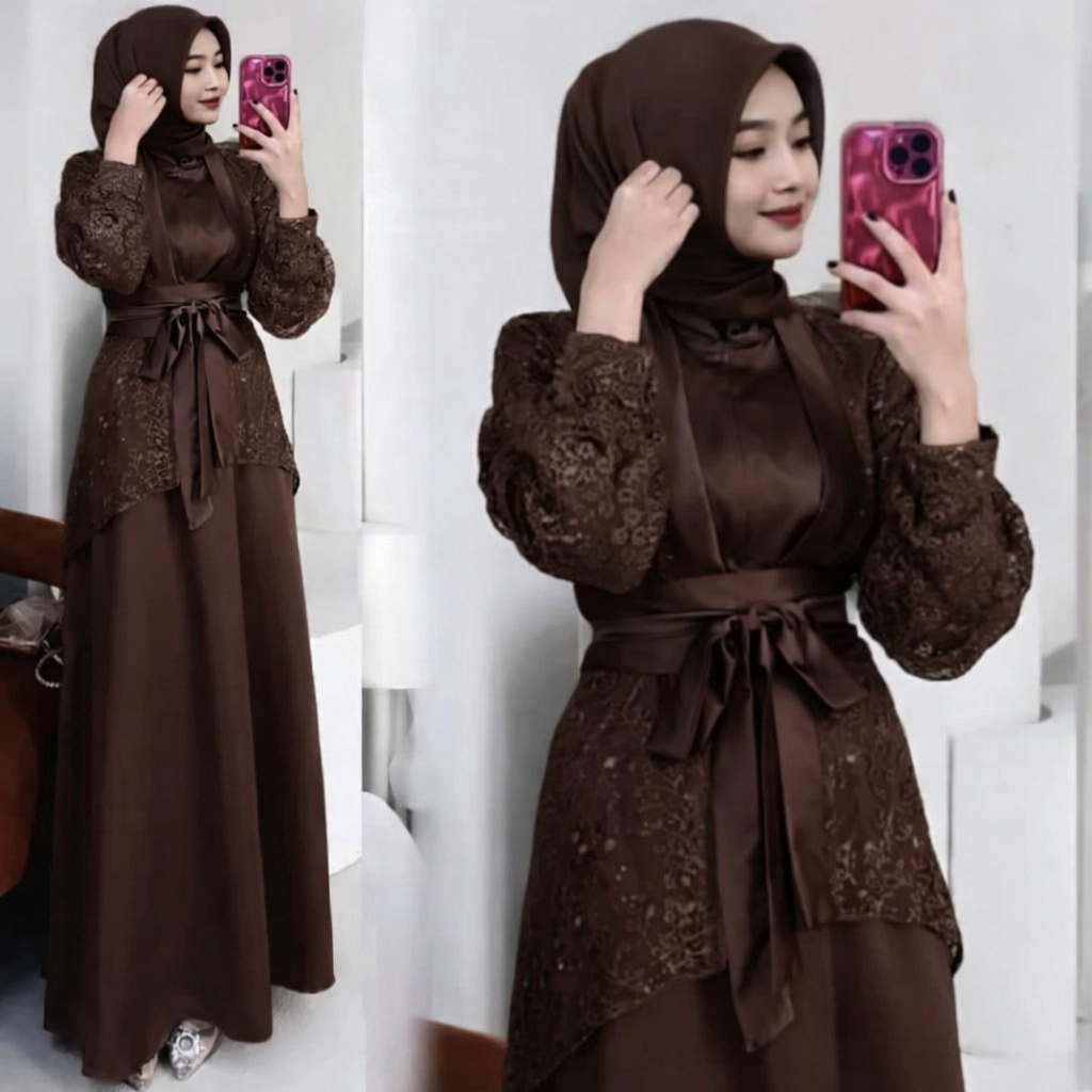 Veloxa Dress 3 in 1 Gamis Satin Brokat Coklat Tua Dress Lebaran Inner Outer Baju Kondangan Busui 202