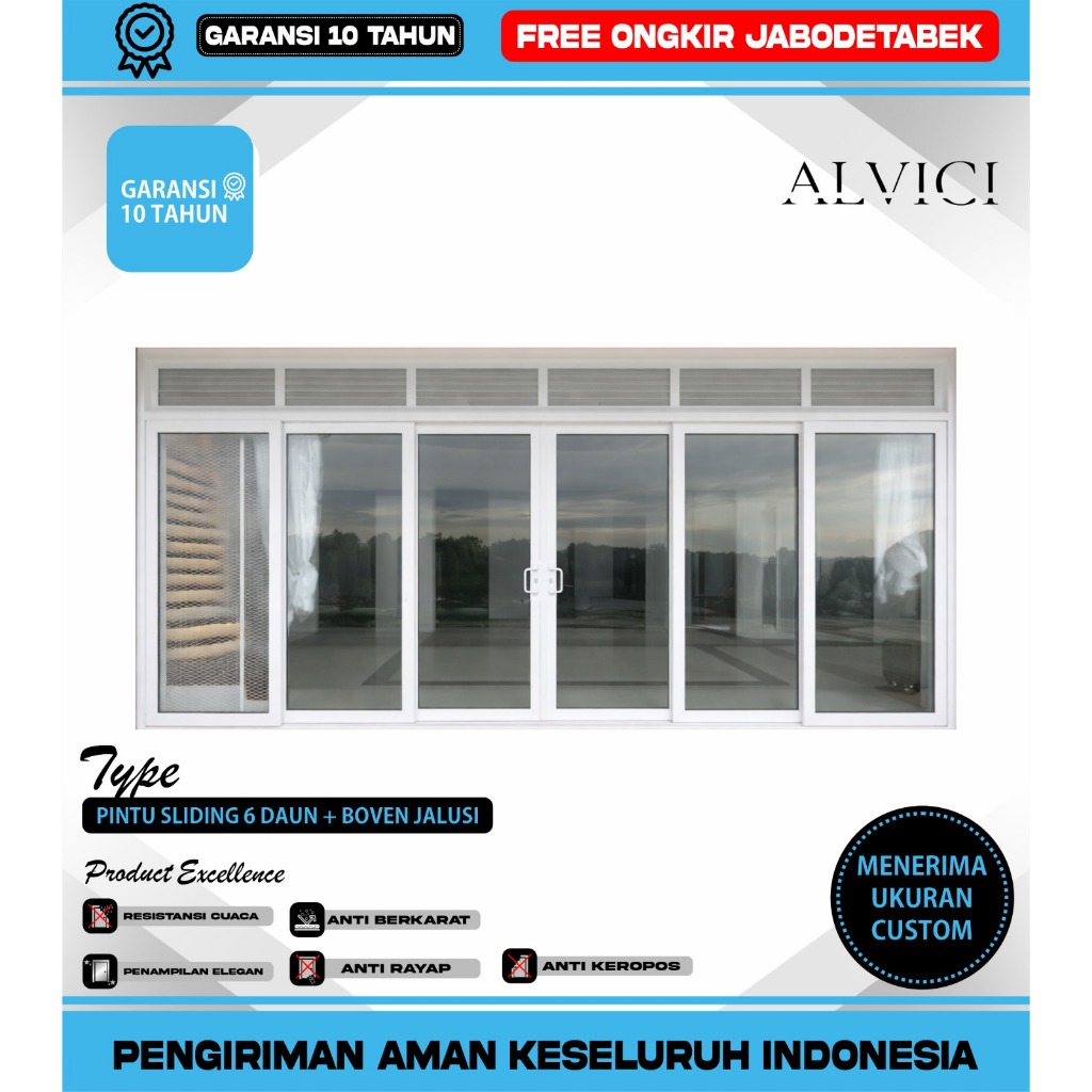 Pintu Sliding 6 Daun + Boven Jalusi Pintu Sliding Full Kaca UPVC ALVICI