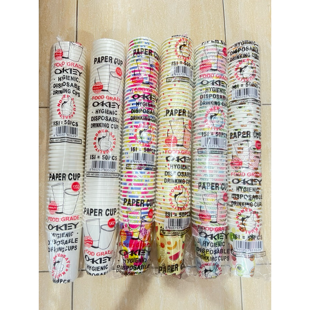 (50pcs) OKEY paper cup 12oz polos dan motif gelas kopi tahan panas