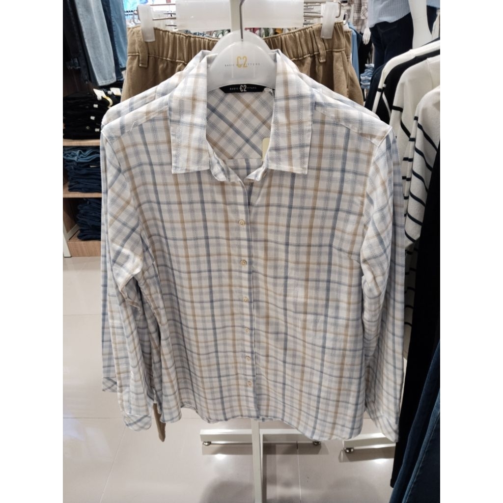 kemeja wanita c2 katun biru kotak kotak