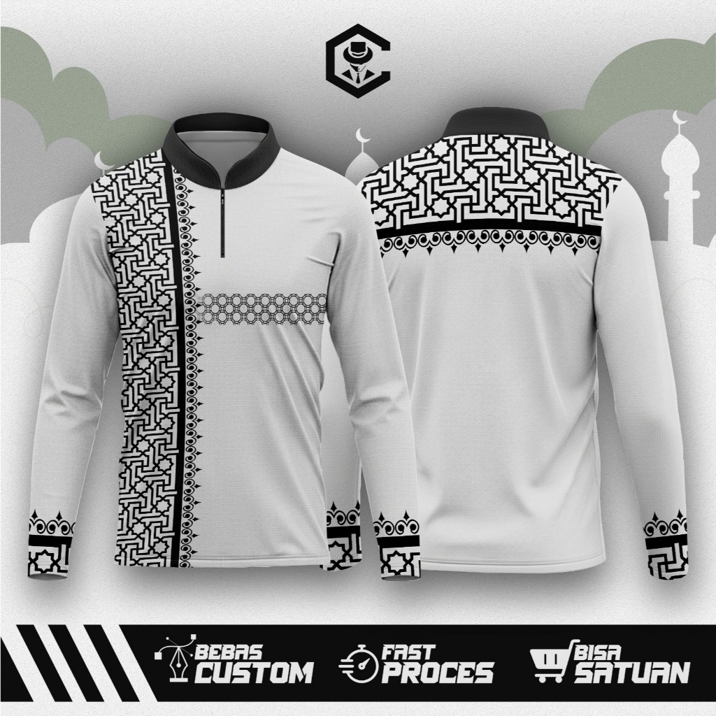 JERSEY KOKO PUTIH MOTIF LIST HITAM MODERN LENGAN PANJANG PRINTING (CT0422)