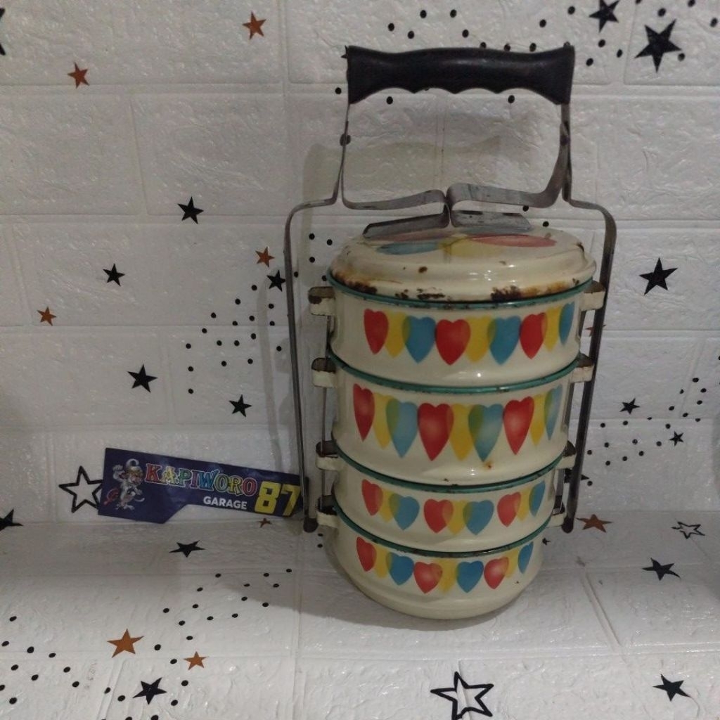 rantang enamel vintage empat susun motif hati warna warni