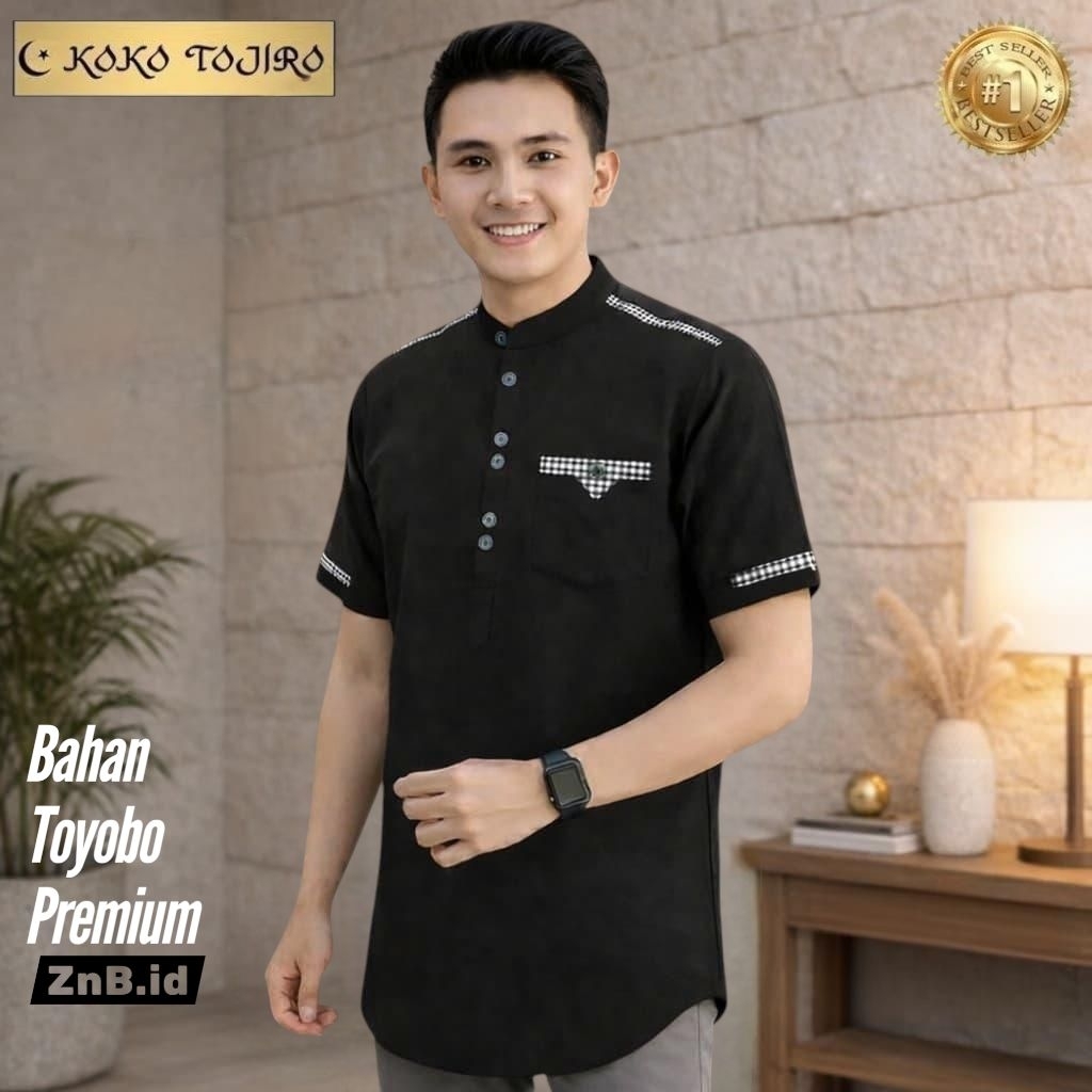NEW KURTA TOJIRO Baju Atasan Koko Kurta Pria Muslim Dewasa Lengan 3/4 Katun Toyobo M L XL XXL XXXL J