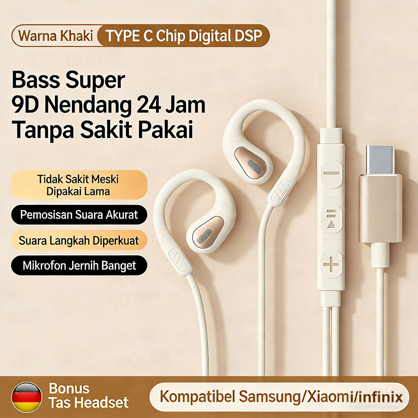 (Original) Earphone Open Ear Type C Bass Ngebass - 24 Jam Nyaman Headset Kabel Gaming, Mic HD, Anti 