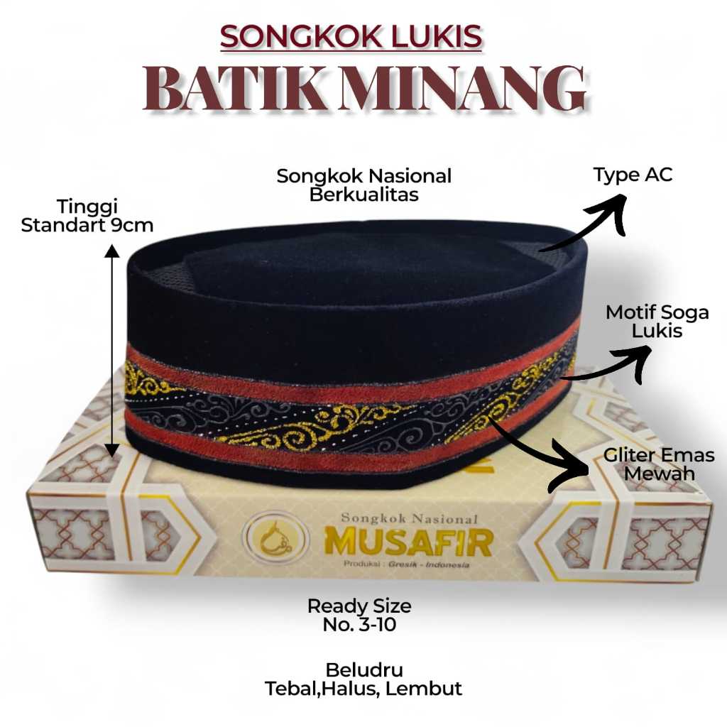 Peci Hitam Lukis Motif Batik Minang