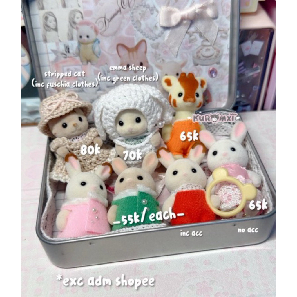 sylvanian families baby flora pink outdoor stripped clothes giraffe emma sheep white choco milk rabb