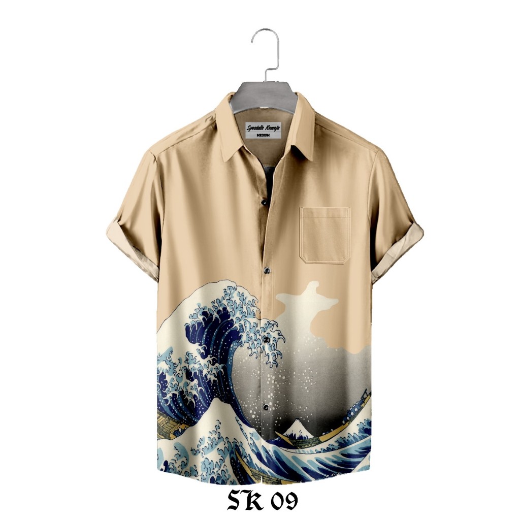 Kemeja Kasual Pria Hawaii Motif Ombak Harajuku Pantai Kanagawa Fullprinting A-09