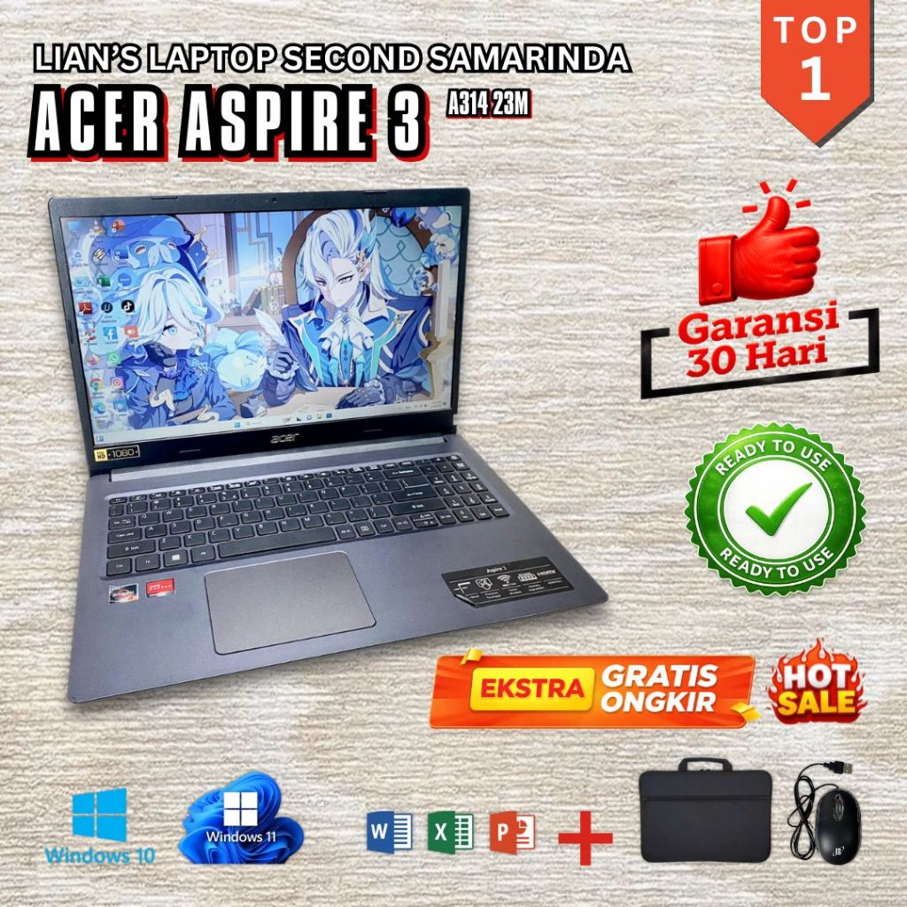 [BEKAS] Laptop Acer Aspire 3 A314 23M AMD Ryzen 3-3250U / Layar 14 inch - Cocok Buat Kantoran / Pela