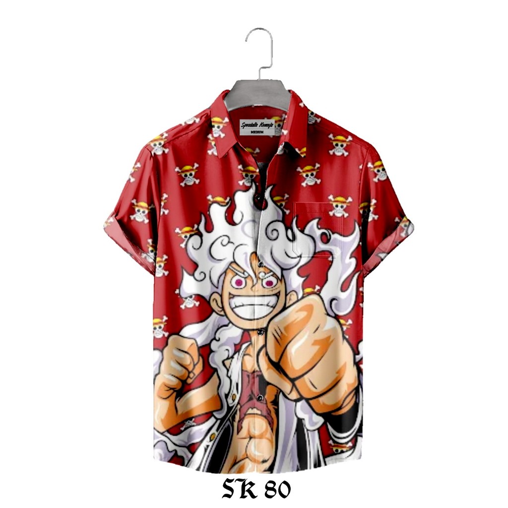 Kemeja Pria Casual Santai Motif Anime One Piece Luffy Gear 5 Printing Tangan Panjang Pendek A-80