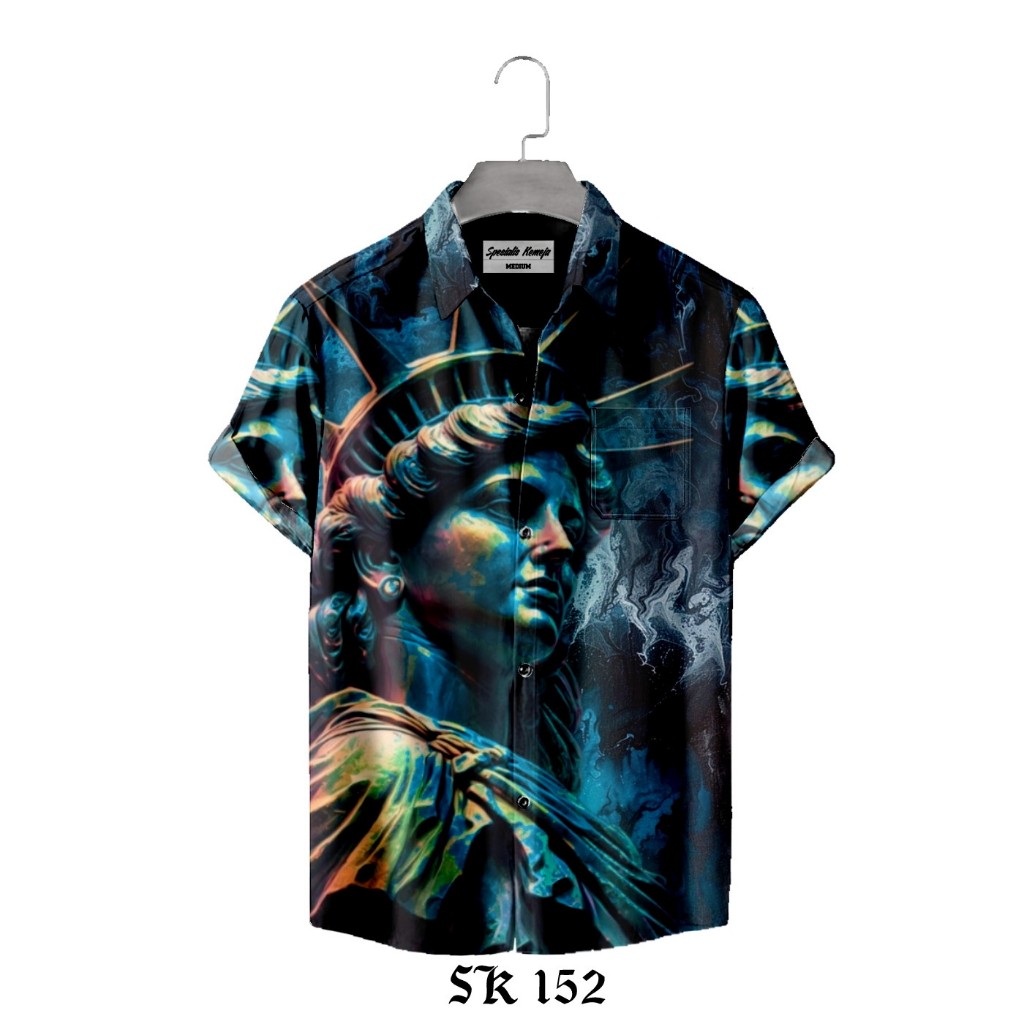 Kemeja Casual Pria Motif Patung Liberty Abstract Lengan Pendek & Panjang SK-152 - Baju Printing Stre