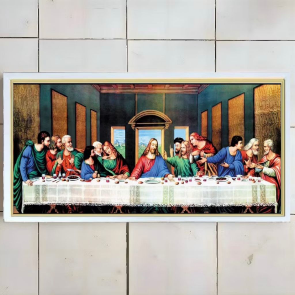 hiasan dinding lukisan cetak penjamuan Kudus plus bingkai ukuran 95x50