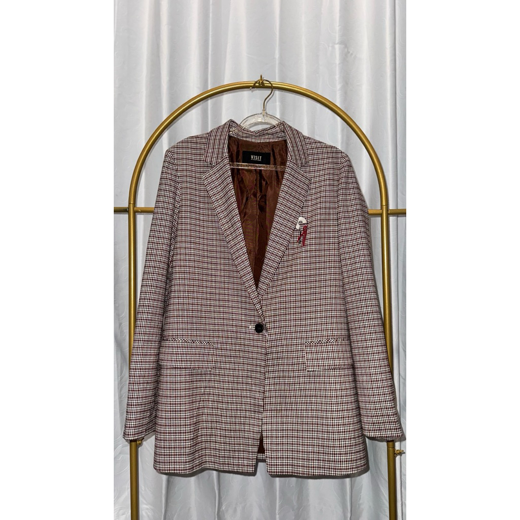 Blazer Wanita Tartan Coklat | Outer Formal Vintage Look Korea