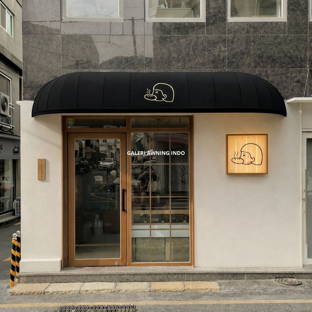 kanopi kain awning warna hitam rangka melengkung ke bawah bagus untuk toko gratis survei dan pasang